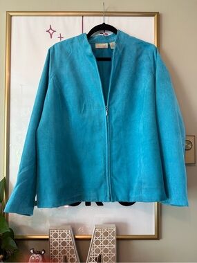 Studio Works Faux Suede Turquoise Zip-Front Jacket - Size 18W